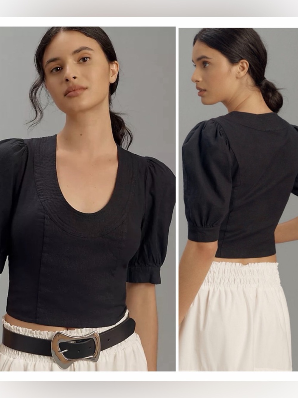 Anthropologie Puff-Sleeve Scoop-Neck Linen Top